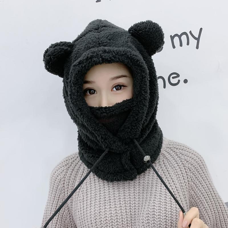 Winter Cute Selling Cute Bear Ears Warm Hat Windproof Neck Scarf Cap Student Women Children Plus Cashmere Cap: adult Black