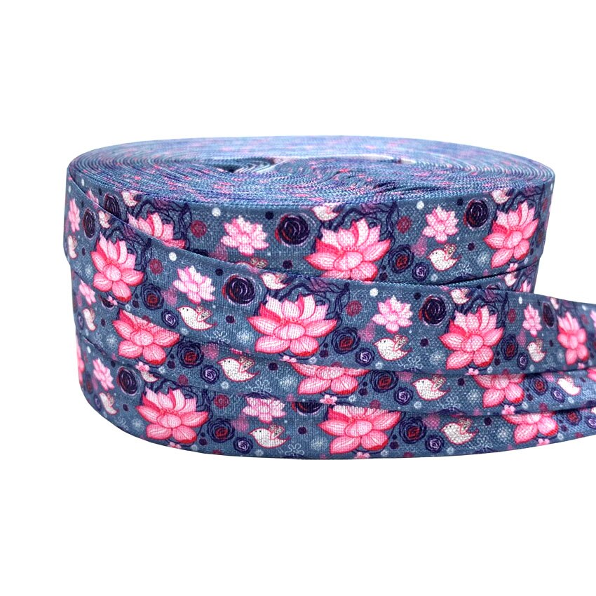 10Yards 16Mm Pruimenbloesem Lotus Print Bloemen Vouw Oever Elastiekjes Voor Handgemaakte Craft Hoofdband Haar Banden accessoire: P1105