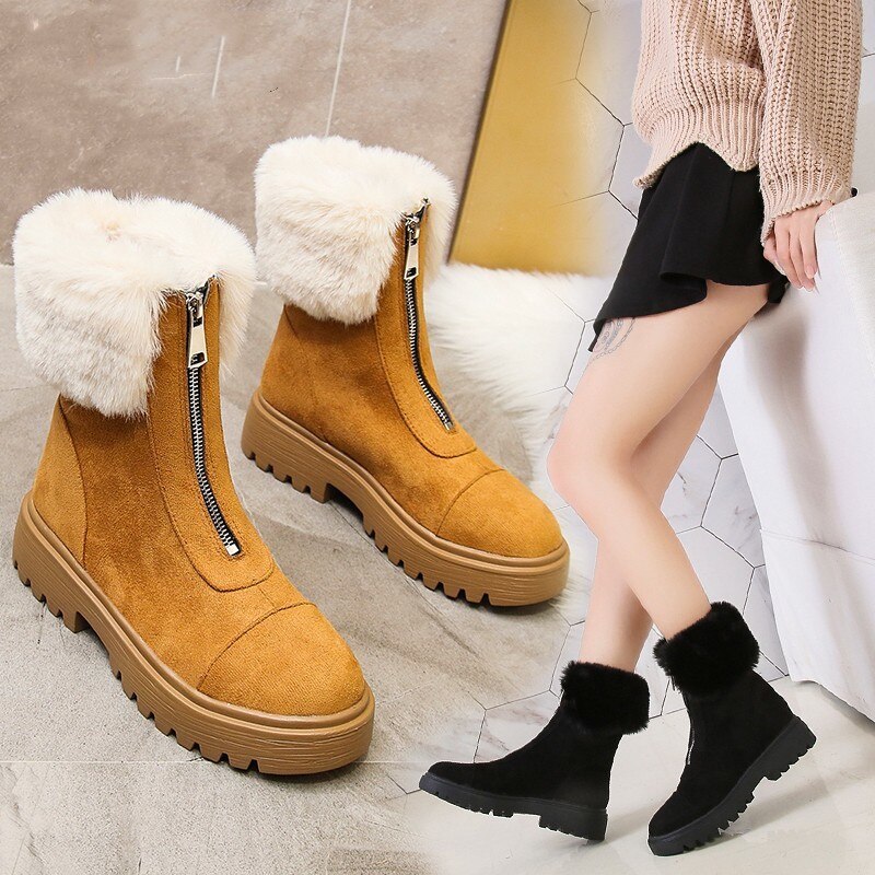 Women Boots Winter Mid Calf Front Zipper Warm Snow Boots Platform Keep with Thick Fur Heels Femme