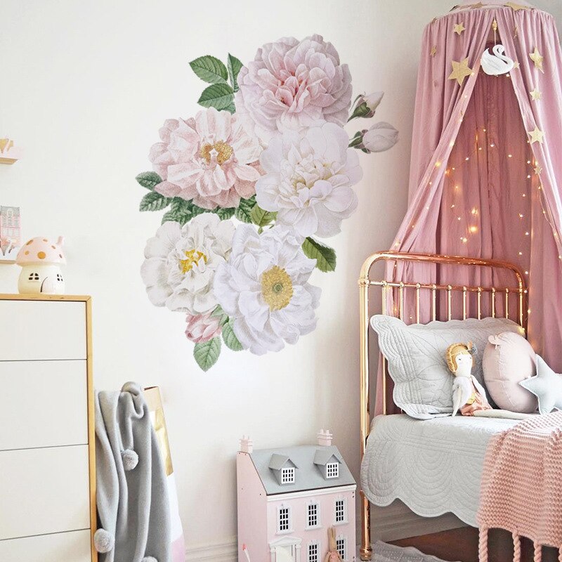 Rosa blommor väggdekaler för barnrum akvarell blomma vinyl tapet av flickor 3d barnkammare rum heminredning pvc dekaler