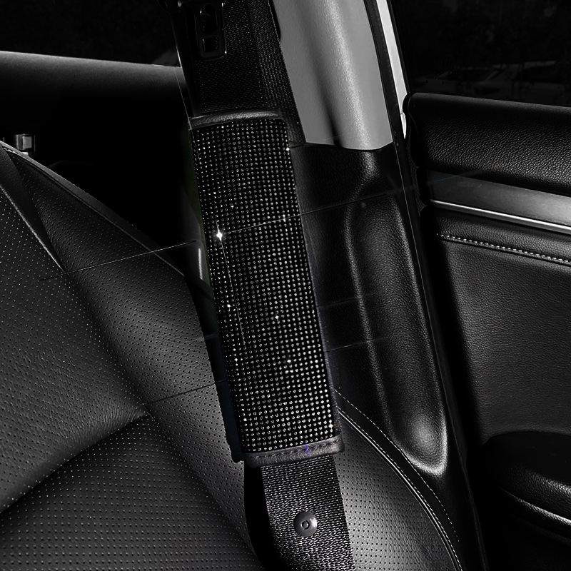 2 uds. Hombreras para cinturón de seguridad con diamantes de cristal, fundas ostentosas para cinturón de seguridad de coche, cojín Protector, decoración automática, accesorios para coche para mujer: Negro