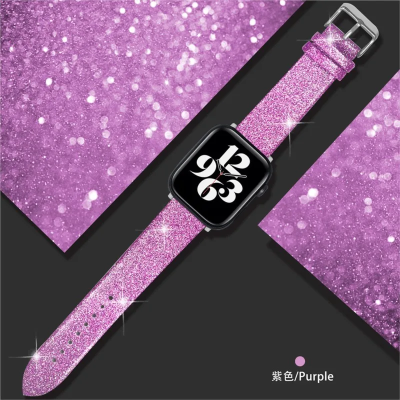 Glitter Leather Strap for Apple Watch Band 44mm 40mm 42/46mm Ultra2 49mm 41mm 45mm sport Bracelet iWatch Series 10 9 8 7 8 6 5 4: S / silver white