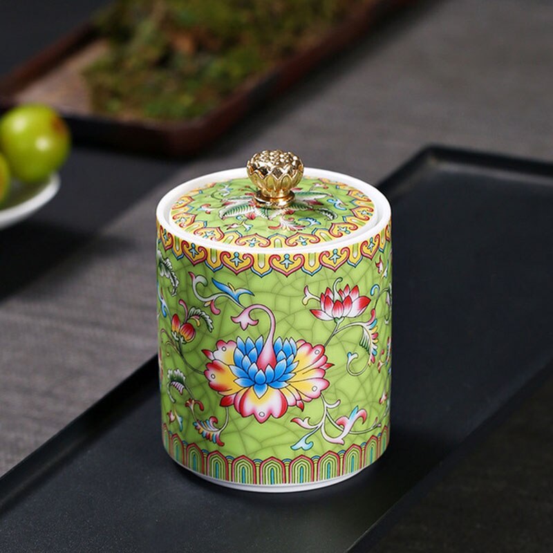 Ceramic Floral Pattern Tea Caddy Tea Box Enamel Sealed Storage Jar Tea Can Puer Container Teaware Home Decor: green