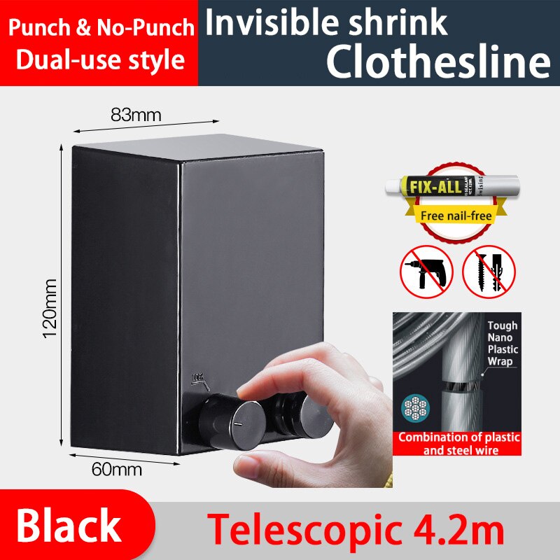 Outdoor 304 Stainless Steel Clothesline Folding Clothes Horse Extendable Laundry Hanger Retractable Drying Rack Clothes Rope: black