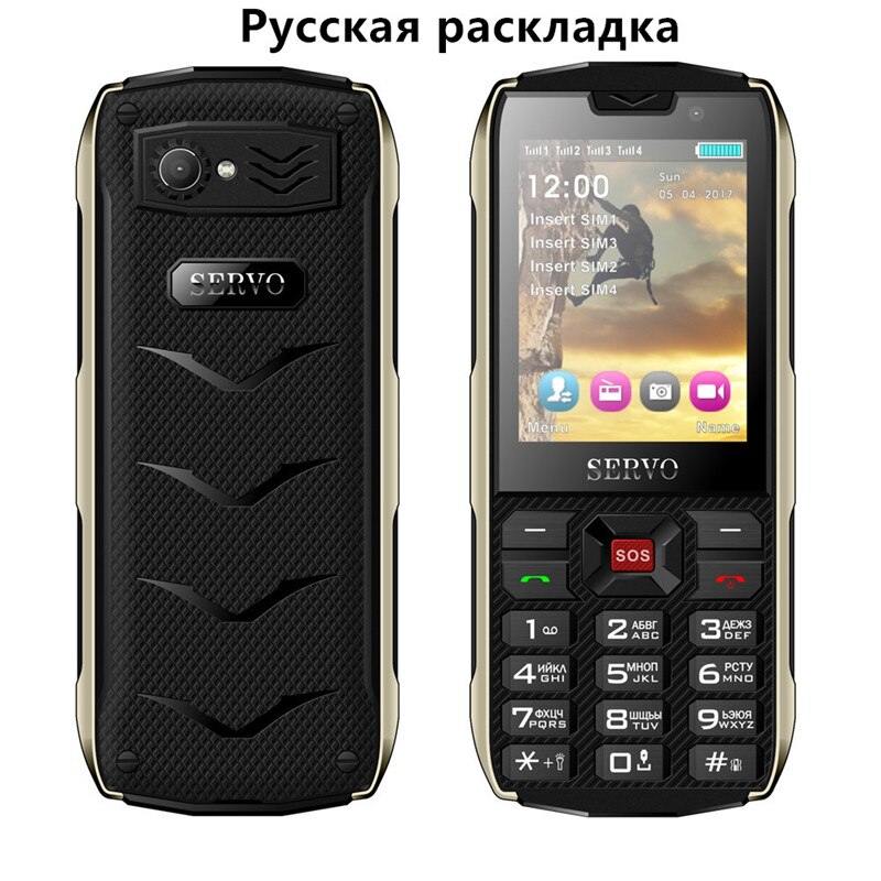 SERVO H8 Mobiele Telefoon 2.8inch 4 SIM telefoon Bluetooth Zaklamp GPRS 3000mAh Power Bank Telefoon Russische Taal toetsenbord mobiele: add 4GB TF card / Black Russian Button