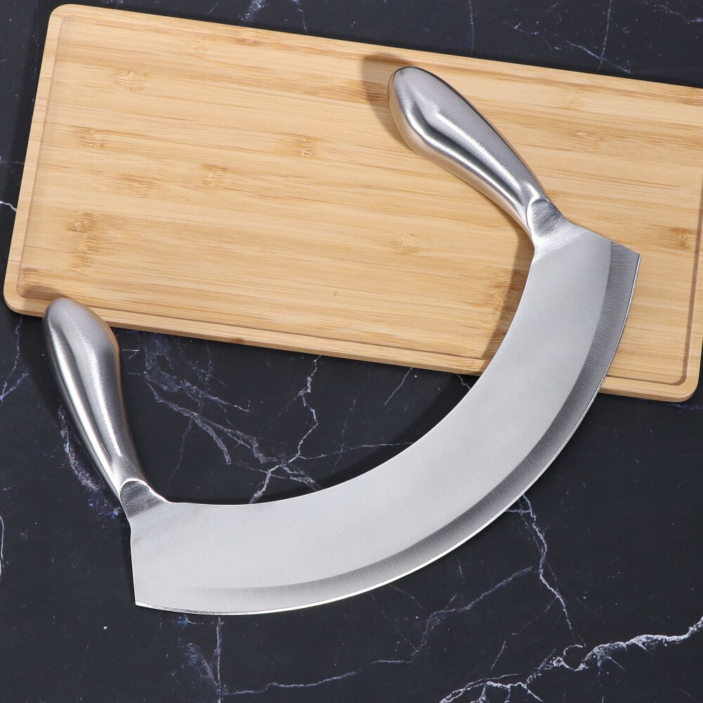 8.5 pouces en acier inoxydable Mezzaluna couteau herbe hachoir Pizza Cutter fruits légumes salade trancheuse Dicer herbe hachoir couteau de cuisine