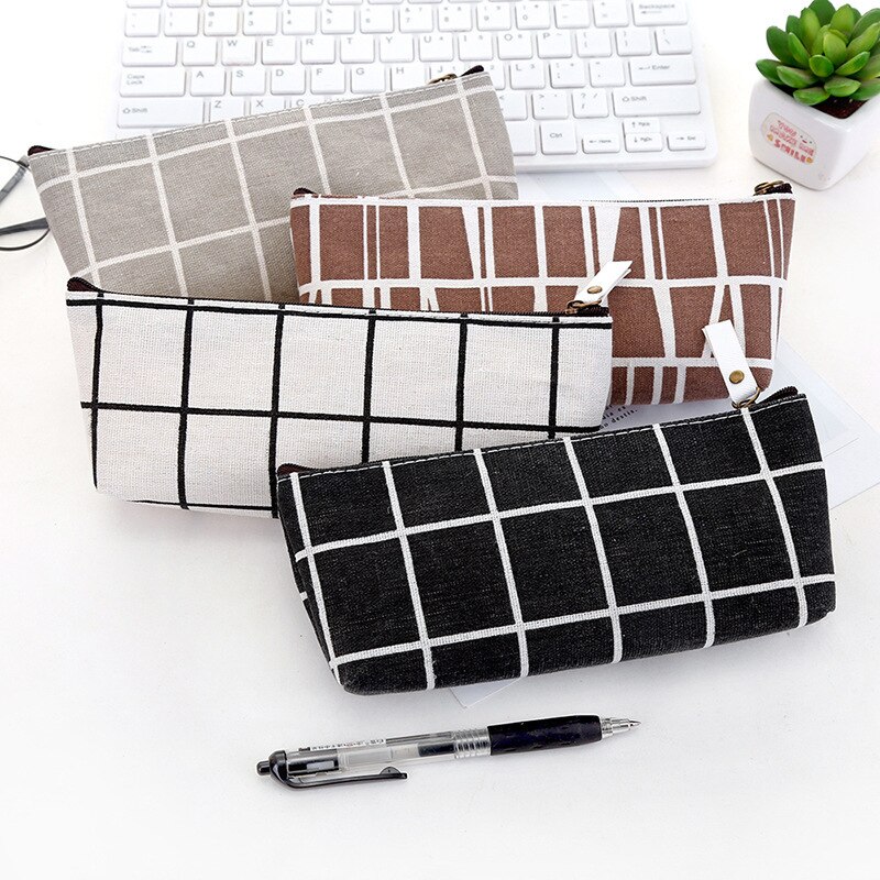 Canvas Geometric Pencil Case School Simple Striped Grid Solid Color Cute Kawaii Pencil Bag Pouch Office Students Kids Supplies