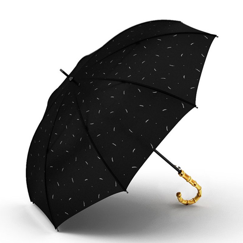 OLYCAT Natural de bambú mango largo paraguas de lluvia de las mujeres a prueba de viento semiautomático negro paraguas de los 8K sombrilla: black with pattern