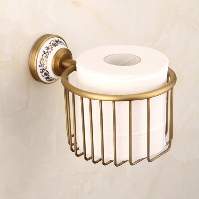 Antikt badeværelsestilbehør messing toiletpapirholder håndklædeholder holder ringvægmonteret hardwaresæt til badekar: Papirkurv