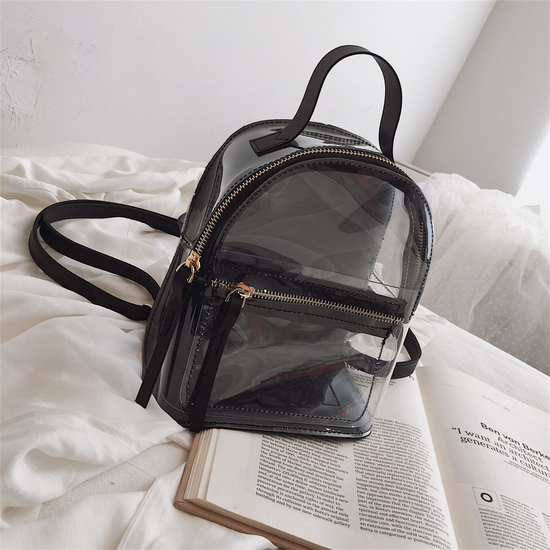 Novo transparente mochila feminina casual moda de alta qualidade feminina mochila clara saco de escola para adolescente saco de viagem: Black