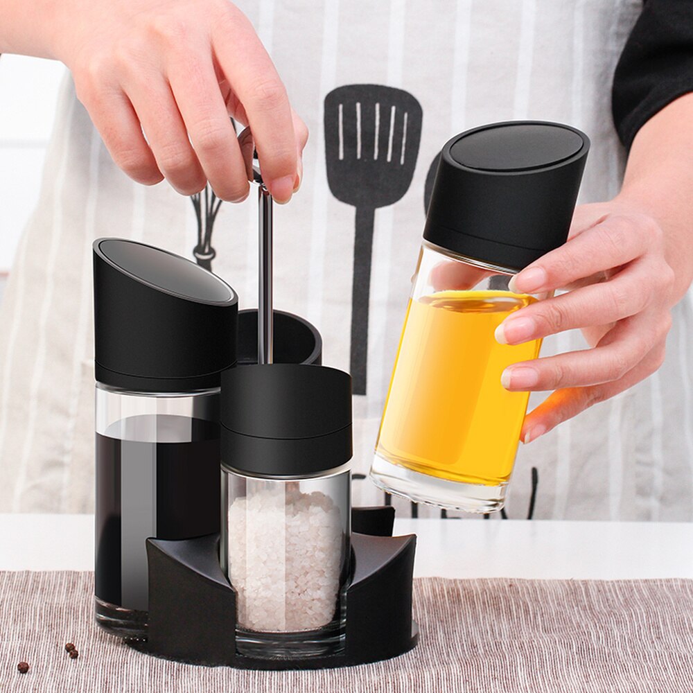 5 st roterande cruet set för kryddbehållare kryddburk salt och peppar shaker med olja vinäger flaska köksförvaring rack