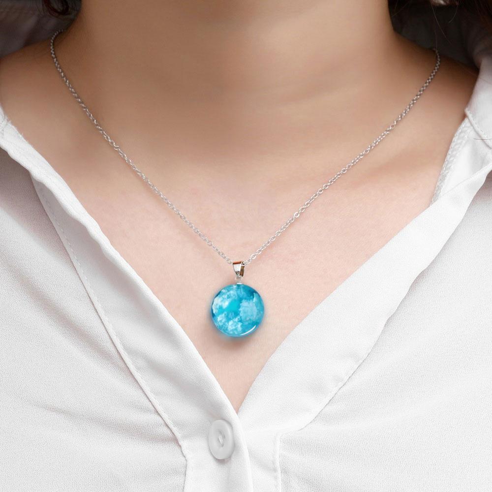 Blue Sky White Cloud Chain Pendant Necklace Janedream Chic Transparent Rould Ball shape Resin Necklace for Women Jewelry