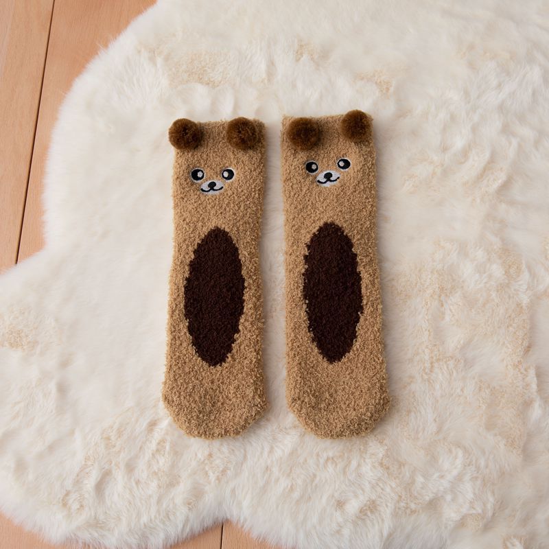 Winter Soft Coral Fleece Women Thigh High Socks Cute Cartoon Animals Panda Cat Bear Over Knee High Ladies Girls Long Socks Home: style 2 coffee