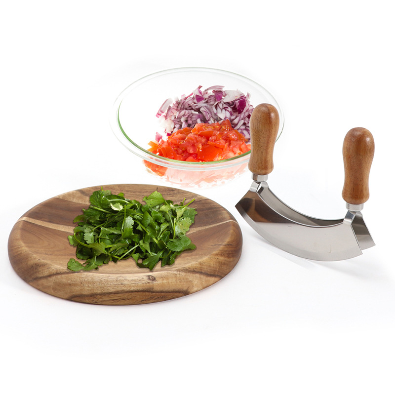 Salad Chopper With Wood round Herb Board Mezzaluna Knife with Handle Stainless Steel Chopper Vegetable Cutter Onion Chopper