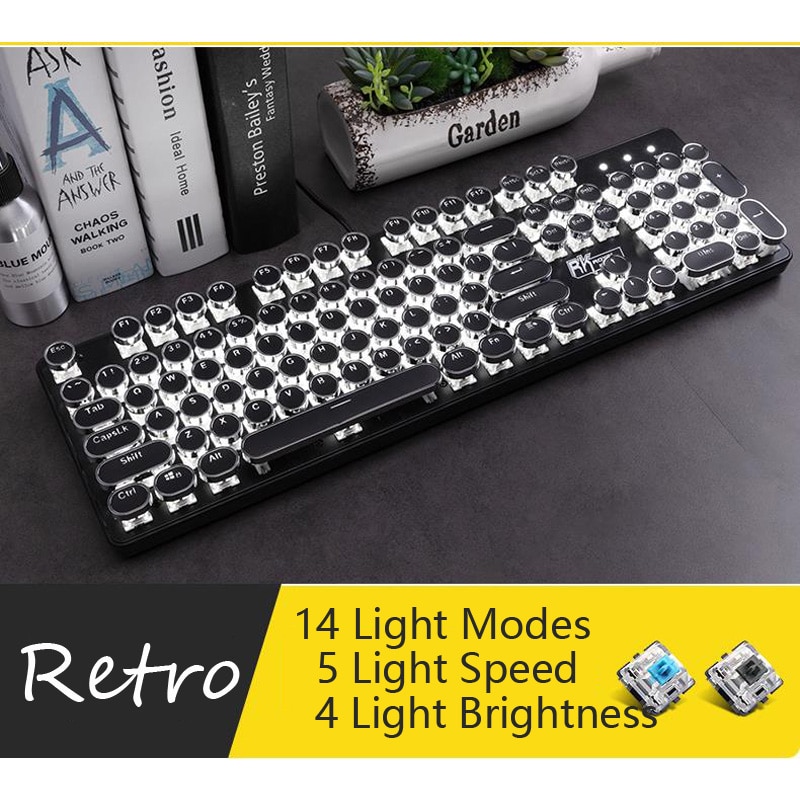 104 Keys Retro Steam Punk Gaming White Light Mechanical Keyboard Round Keycap LED Illuminate Glowing Backlight USB Wired Gamer
