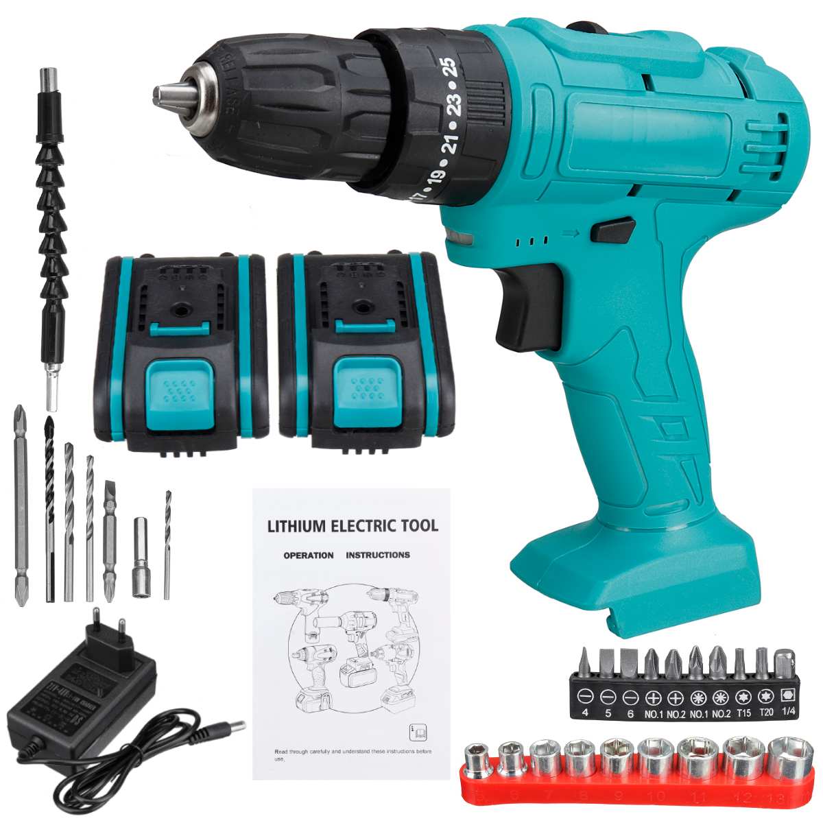 48V 3 in 1 Cordless Impact Electric Drill Hammer Screwdriver with Battey Drill Accessories 25+3 Turque Power Driver Tools Set: Kit 2xBattery / EU