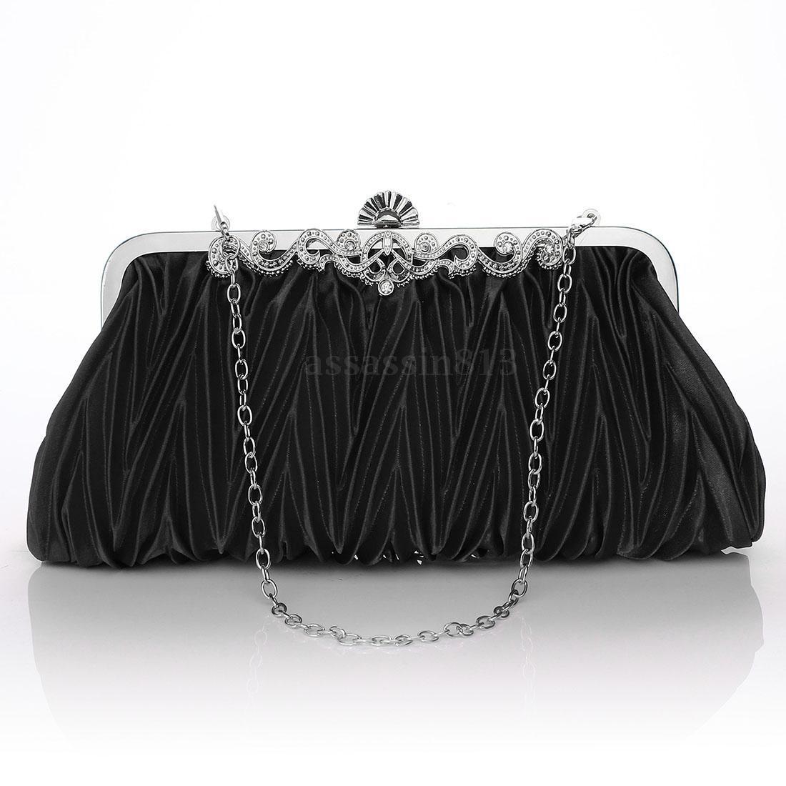 Women Pleated Satin Clutch Wedding Evening Bag Party Bridal Handbag Purse Bags: Black