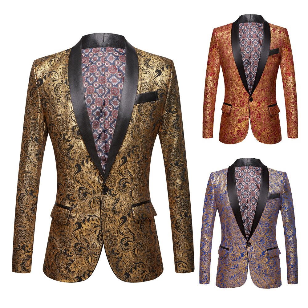Männer Gold überzogene schwarz kragen anzug einstellen Hochzeit Gold Blumen- aufbringen schlank passen Party Prom Kleid Rauchen Sänger Kostüm jacke