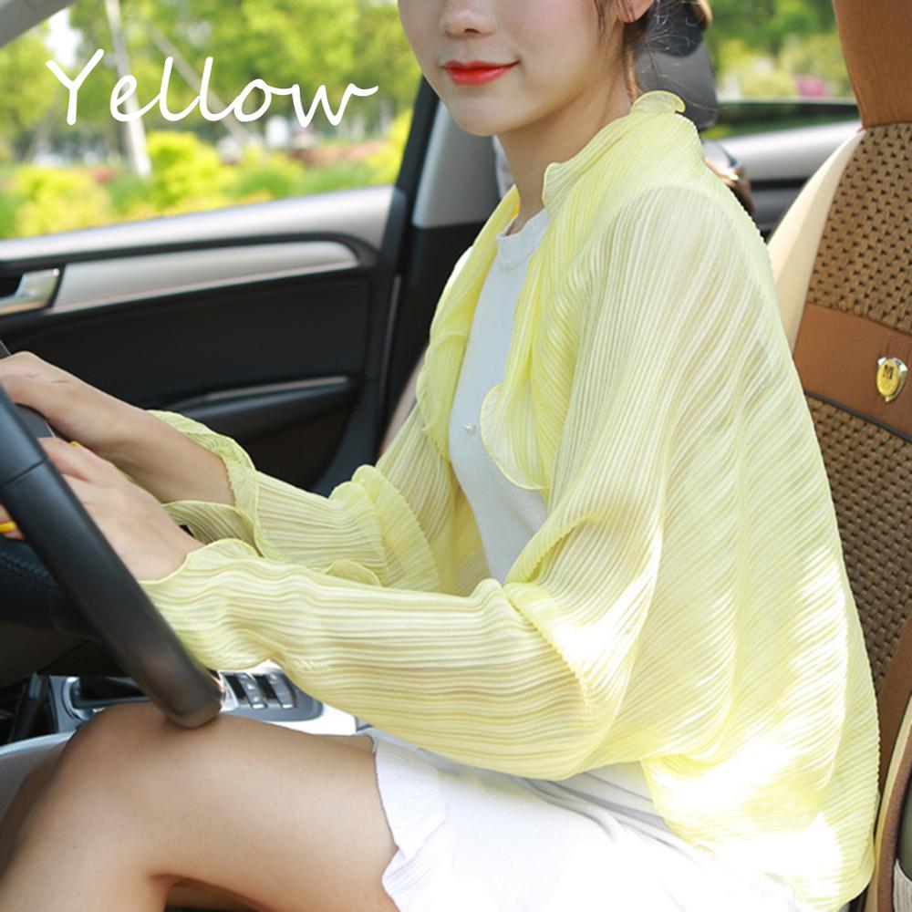 Solid-colored Pleated Summer Women Chiffon shawl Scarves Pure Color Long Sleeve Poncho Stole Female Shawls Snud: Yellow