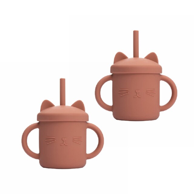 2PCS Baby Feeding Cups Silicone Drinkware Cute Cartoon Cat Sippy Cup For Toddlers Kids Sippy Cup Lids Solid With Handle Drinker: 2PcsOrenge