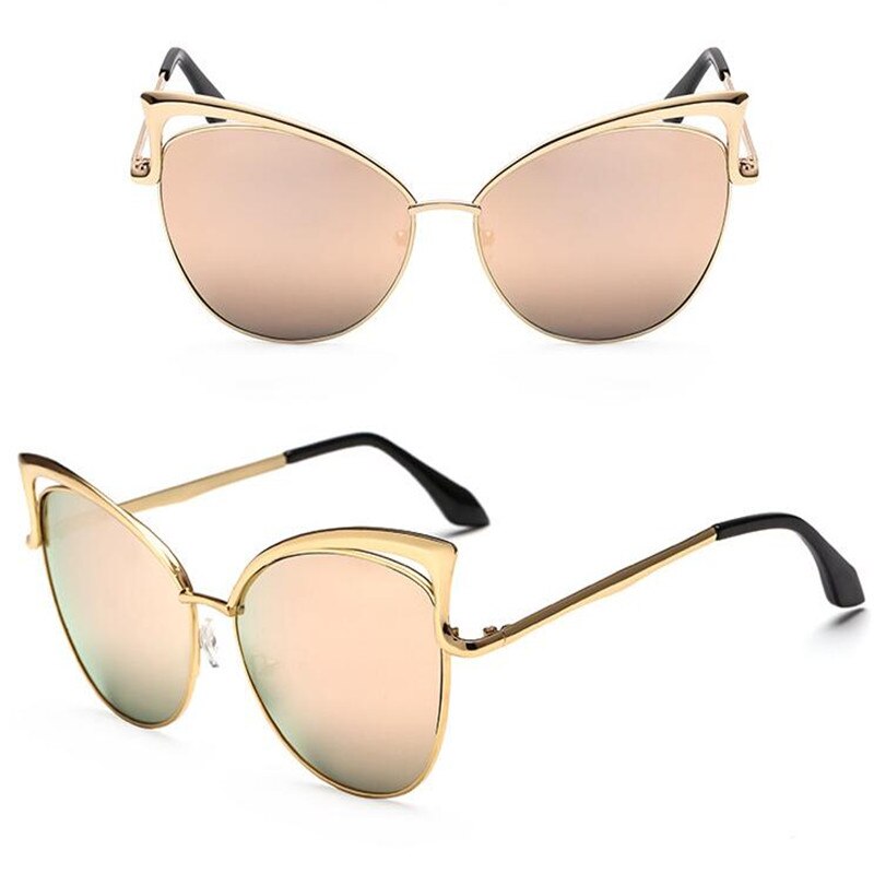 katt øye merke solbriller kvinner speil flat rose gull årgang metall reflekterende solbriller kvinner hunn oculos gafas: Rosa