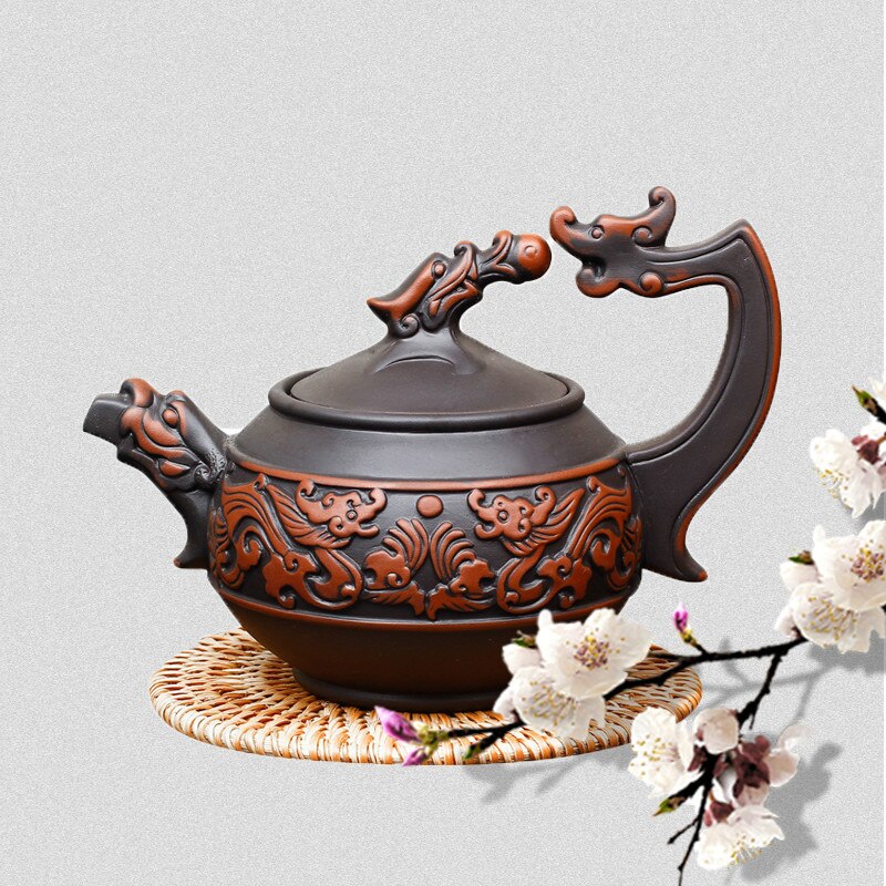 Chinese Traditionele Theepot Shuanglongxizhu, Handgemaakte Zisha Theepot 350Ml Rode Klei Antieke Theepot Keramische Gemengde Kleur Waterkoker MJ820