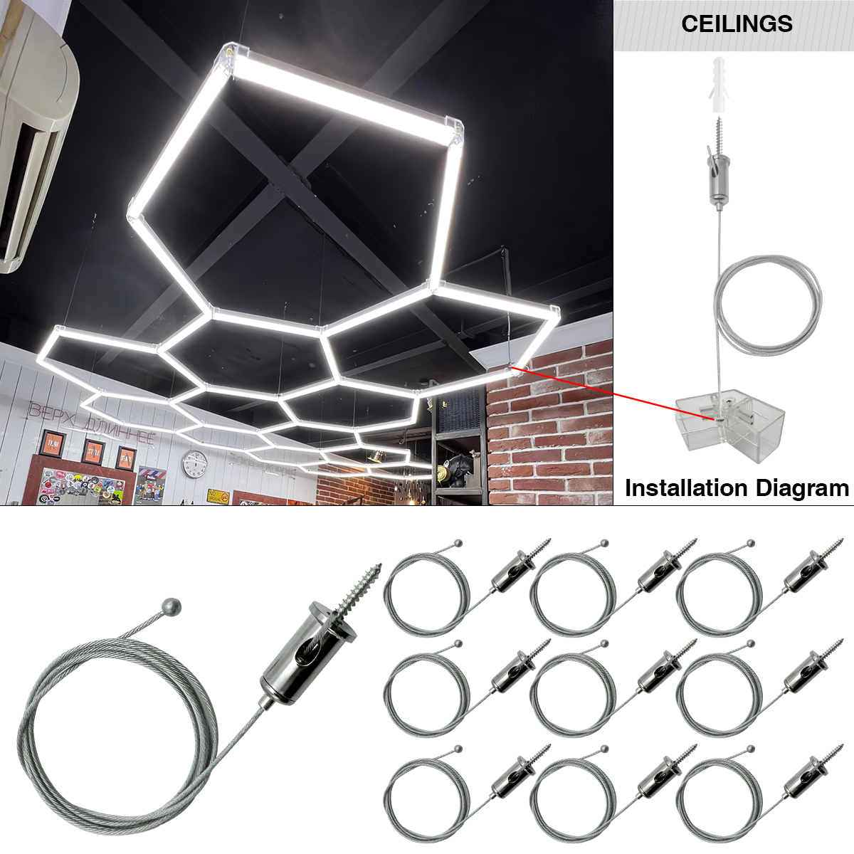Sekskantet lys justerbart ophængningsreb og splejsestik helt kobber 2 -benet v/y/l/t/i kabel led-rørlampe til garageloft