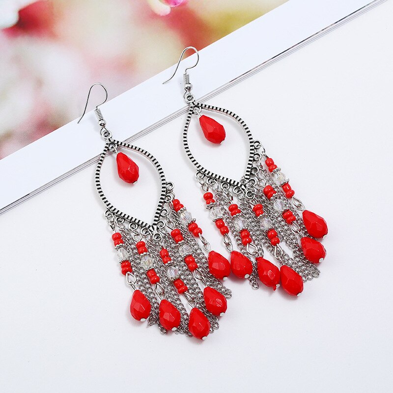 Boho Colorful Resin Beads Tassel Dangle Earrings for Women Long Bohemia Acrylic Earrings Jewelry Accessories: E1591-Red