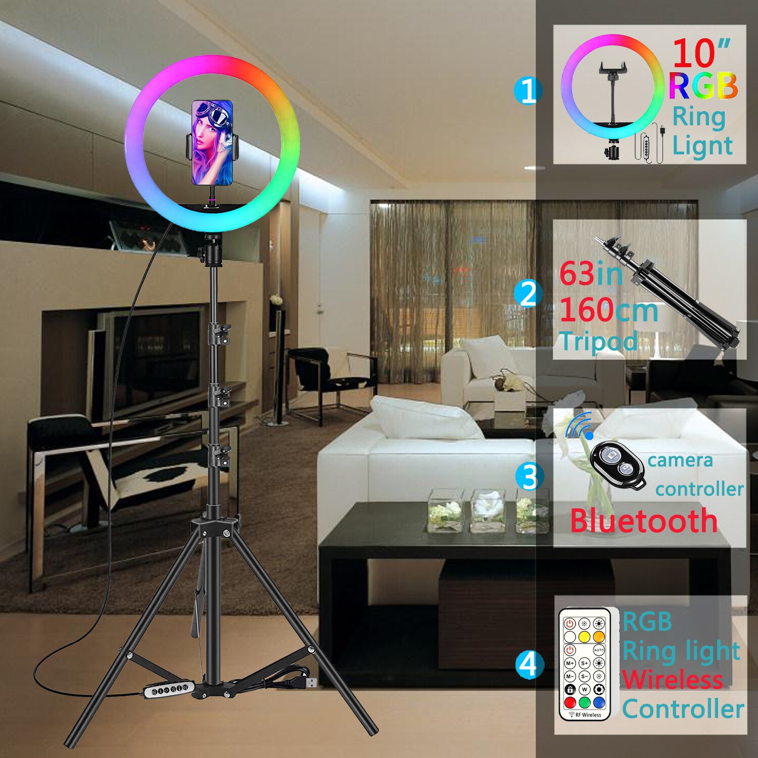 10in Led Kleur Selfie Ring Licht Rgb Fotografie Ringlicht Cirkel Vullen Licht Statief Lamp Telefoon Standhouder Trepied Make-Up: 160cm Tripod