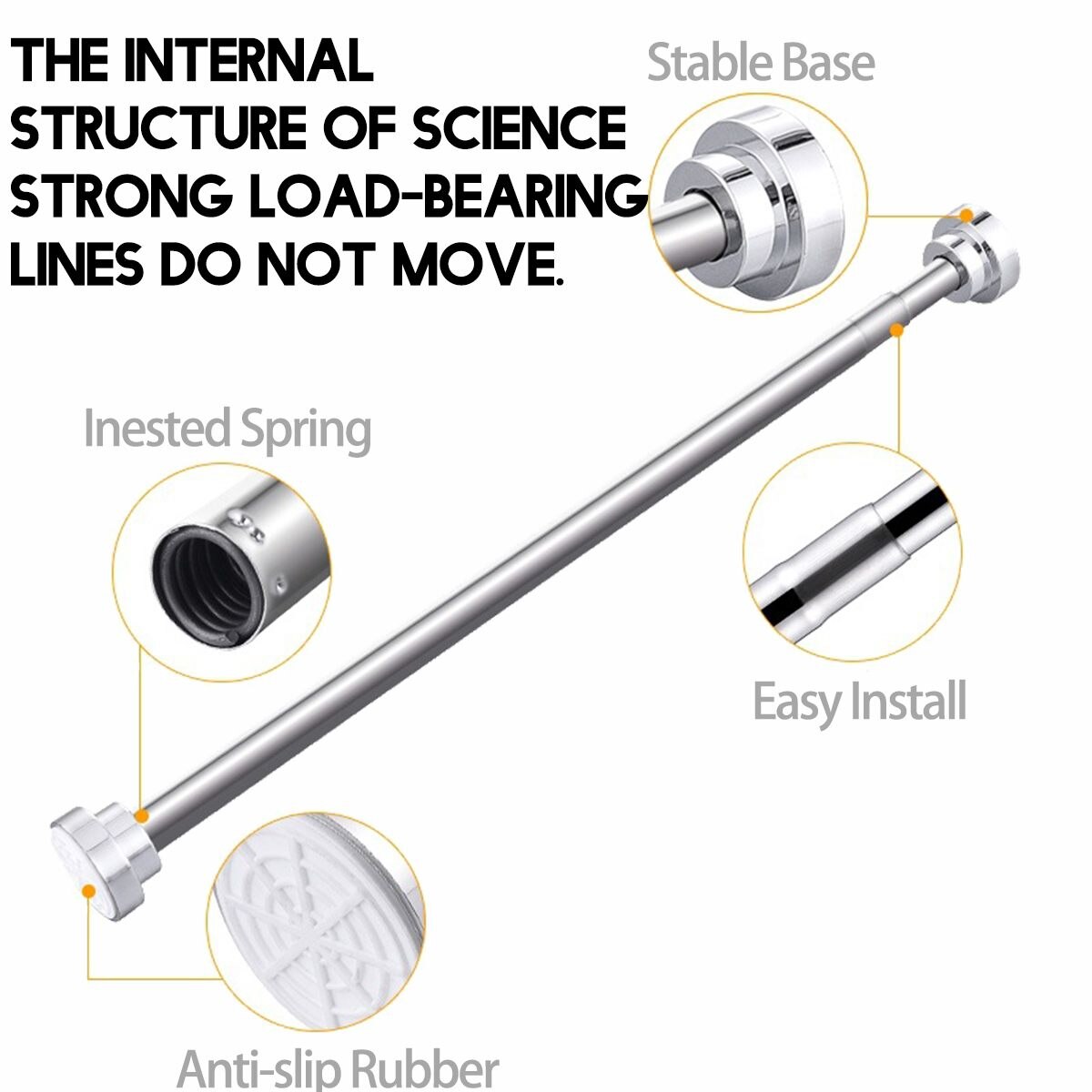 50CM-150CM Shower Curtain Rod Curtain Pole Adjustable Stainless Steel Spring Tension Rod Rail for Clothes / Towels / Curtains