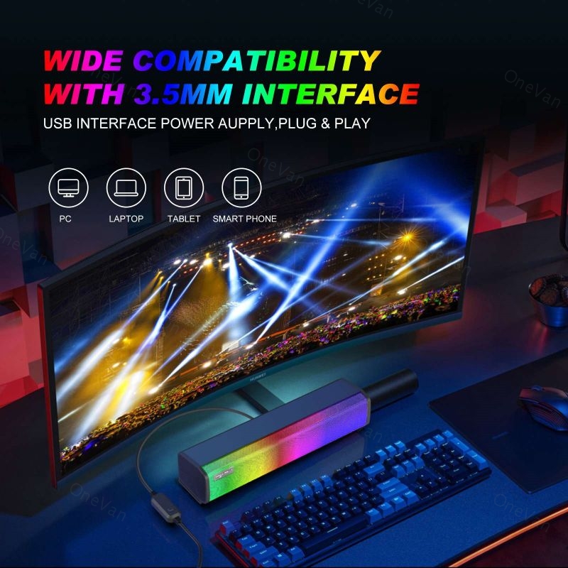 Barre de son lumineuse RGB, haut-parleur pour ordinateur, hi-fi, jeu, boîte de son en ABS, 9 types de lumières réglables