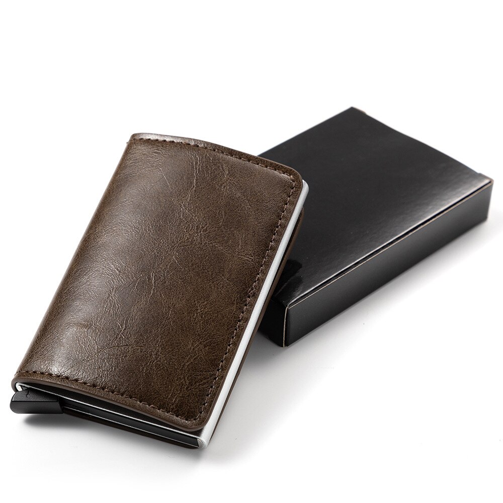 Zovyvol Veiligheid Smart Portemonnee Anti-Diefstal Mannen En Vrouwen Kaart Portemonnee Metalen Aluminium Solid Slim Kleine Korte Portemonnee cartera Mujer: Dark Brown CZ0008