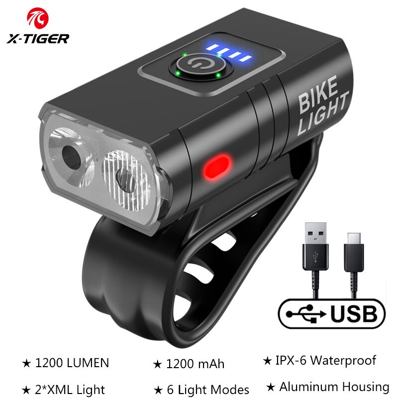 X-TIGER Bike Light 1800 Lumens MTB Road Bike Front Lamp Bike Accessories Rainproof USB Rechargeable LED Bike Flashlight: QD-0201