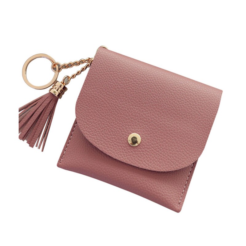 Geldbörsen Frauen Geldbörse Damen Pu Leder Quaste & Metall Ring Kupplung Keychain Dünne Schlüssel Tasche Karte Halfter Mini Beutel: dunkel Rosa