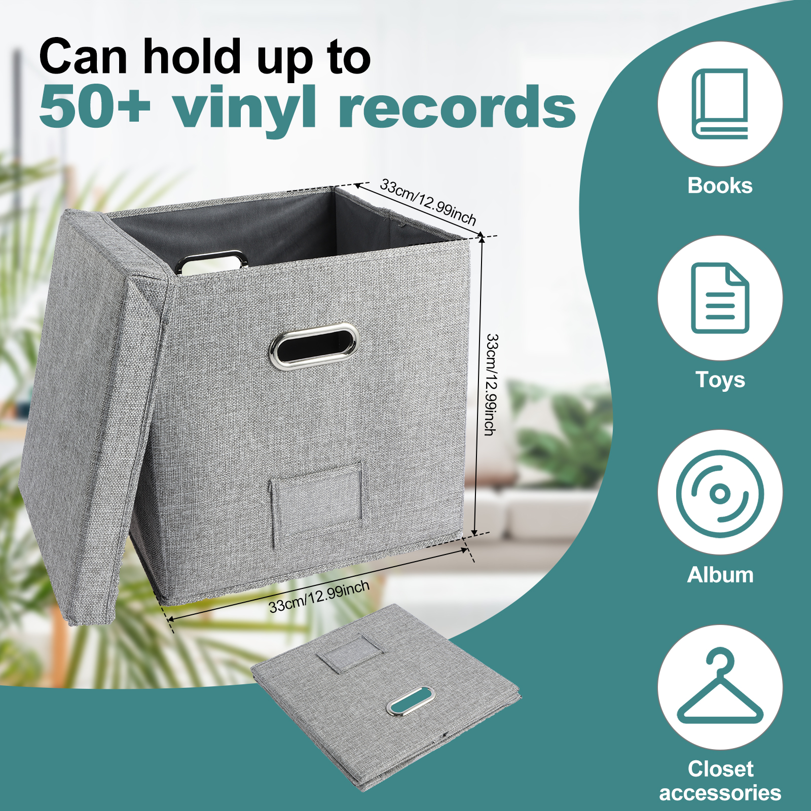 Caixa de armazenamento de registro de vinil dobrável portátil organizador multifuncional com tampa para 12 em álbuns caixa de registros armazenamento de álbum lp