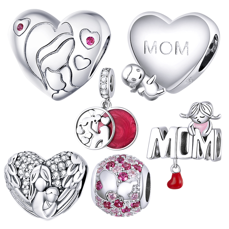 Mowimo mamma mamma hjärta berlocker passar original silver armband 925 sterling silver rosa cz pärla hänge diy halsband smycken