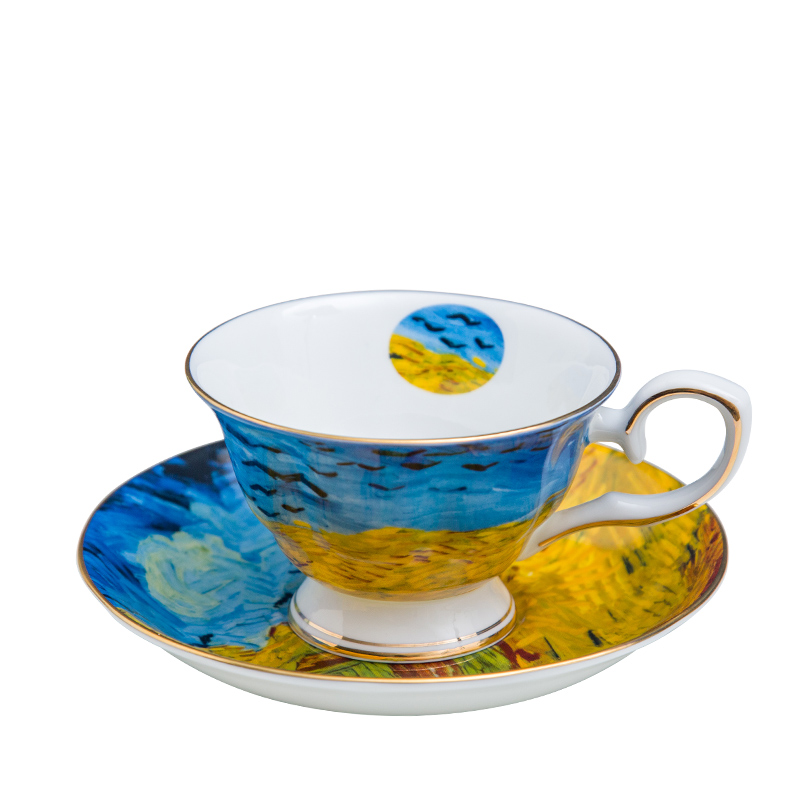 Juegos de té exquisitos pintados, tazas y platos de café Van Gogh, cerámica y negocios: YELLOW