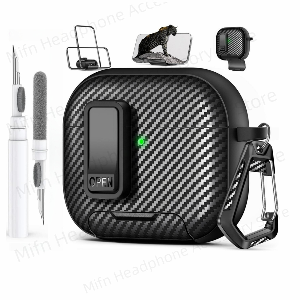Airpod 4 Headphone Case With Phone Stand Airpod pro 2 Carbon Fiber Lock Case for AirPods 4th Gen/AirPods 4 With ANC Cover: XS / Khaki