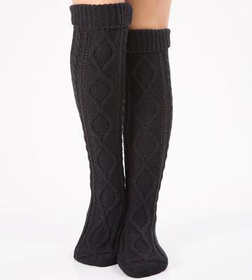 Tykke benvarmer kvinder støvler tilbehør strikket argyle mønster lange sokker over knæhøjde varme 7 farver hæklet: Sort