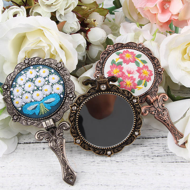 Kit de fleurs bricolage style paysage | Broderie, miroir de maquillage pliant, point de croix, pierreries, balançoire à la main, artisanal, décoration de maison