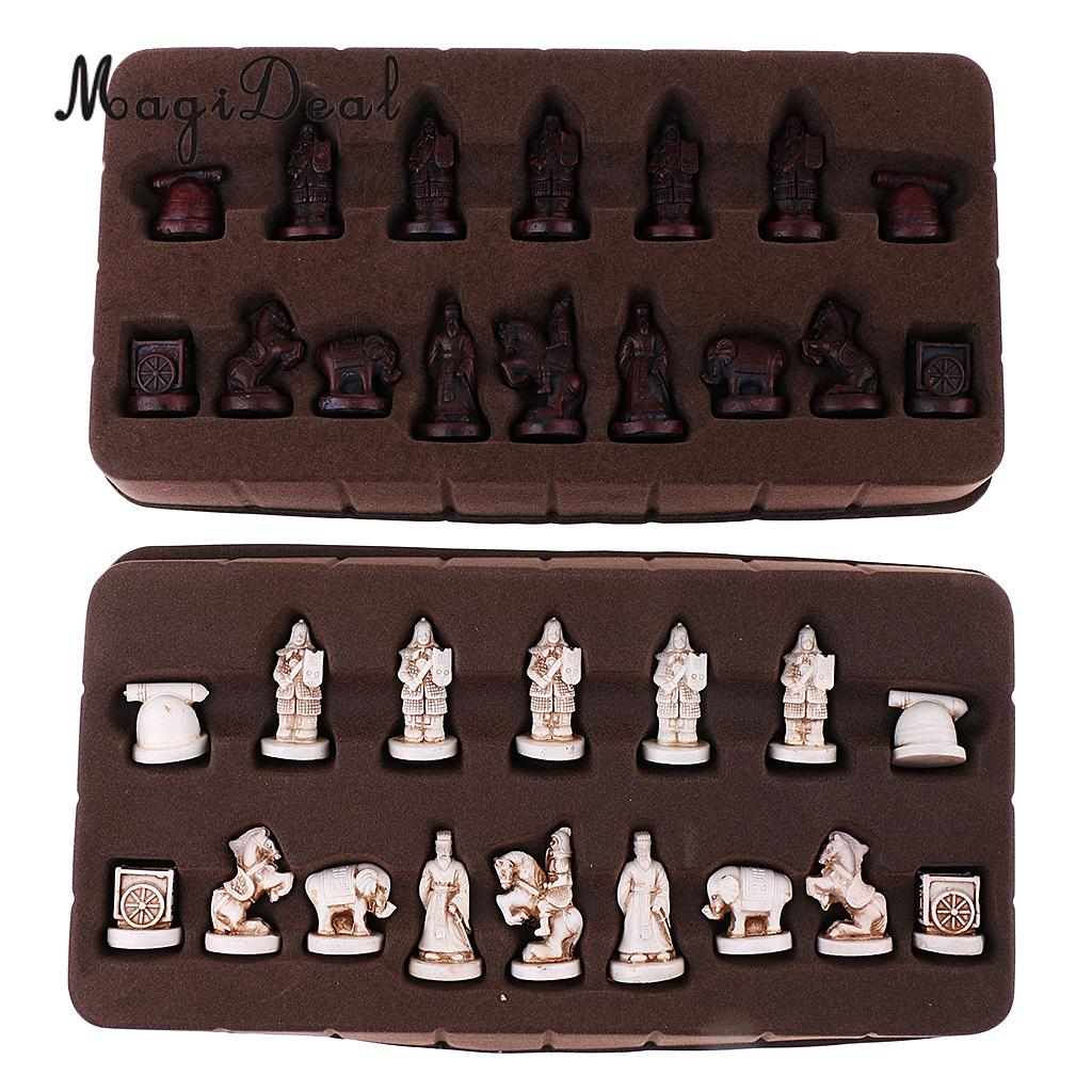 Exquisite Retro Chinese Chess Resin Terracotta Army Pieces XiangQi Board Game for Club Pub Party Travel Collectible