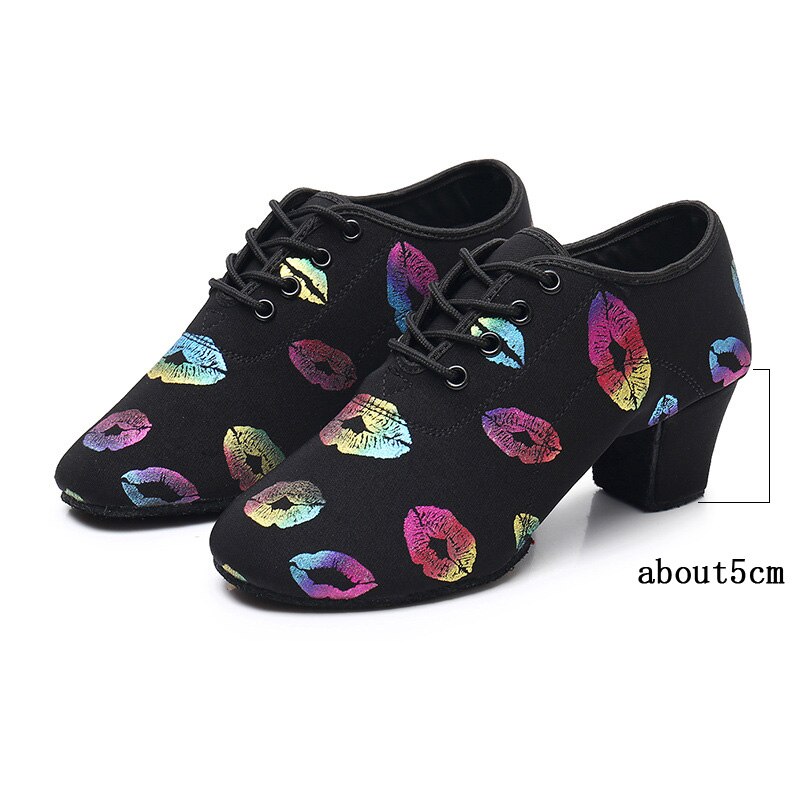 High Heel Dance Shoes Sneakers For Women Ballroom Latin Dance Shoes Kids Adult Close Toe 3/5cm Heel Training Shoes Lip Print: 5cm Black / 41