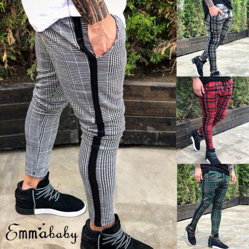 Miehet stretch skinny slim fit housut kontrasti ruudullinen housut miesten smart casual housut punainen vihreä harmaa