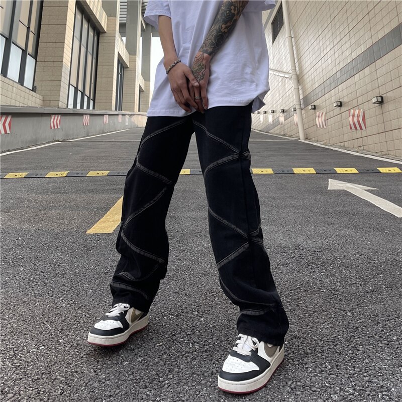 Pantalones vaqueros rasgados para hombres y mujeres, Jeans negros a rayas, con bolsillos lavados, estilo urbano, informal, de gran tamaño