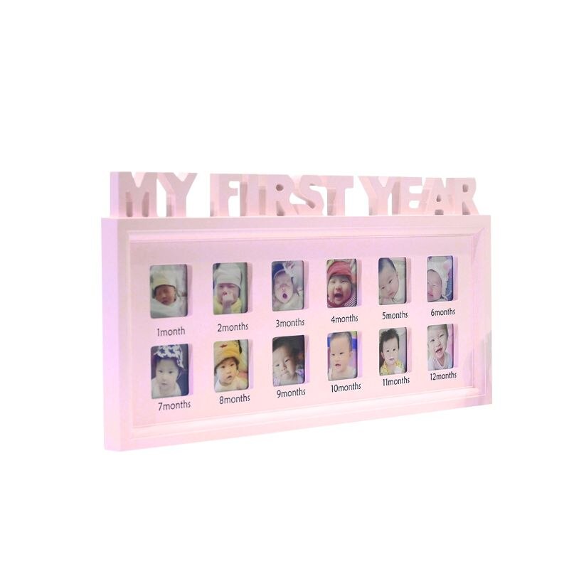 Imágenes de &quot;Mi primer año&quot; para bebés, marco de fotos de plástico, recuerdos conmemorativos, de recuerdo DIY de 0 a 12 meses: pink