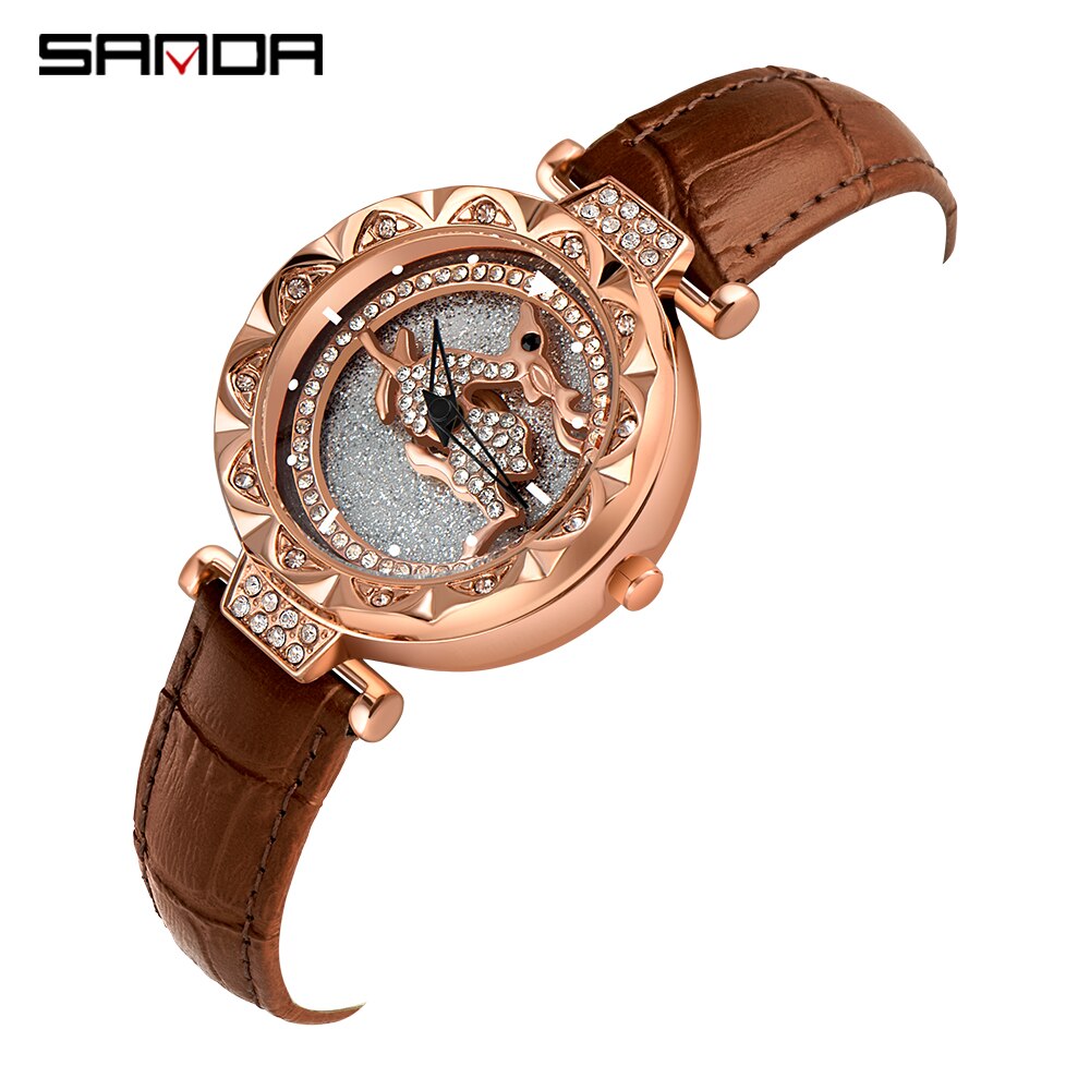 Sanda dameshorloge met kristal, diamant, draaibare wijzerplaat, leren stalen magneet, waterdicht quartzhorloge: Leren riem bruin