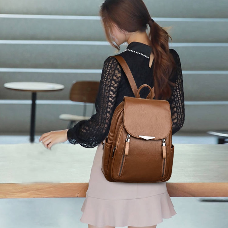 Casual PU Backpack Female Brand Leather Women's Backpack Large Capacity School Bag For Girls Double Zipper Shoulder Bags