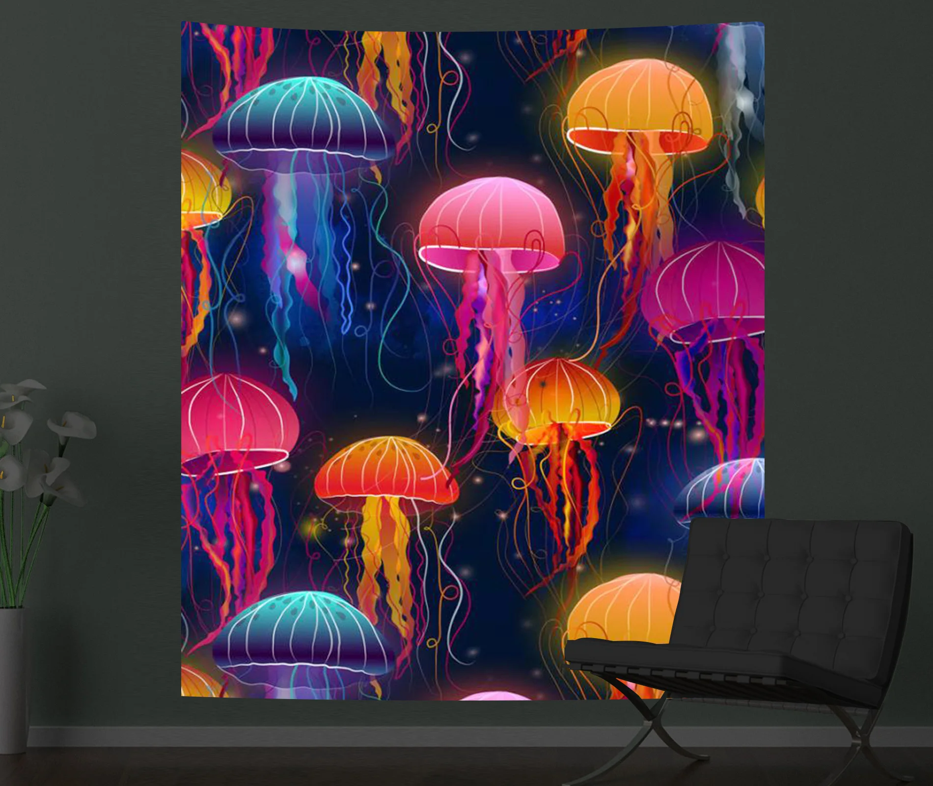 Black Light Tapestry Wall Hanging UV Reactive Psychedelic Jellyfish Hippie for Bedroom Dorm Independent Room Decoration: 200x200cm / Breen