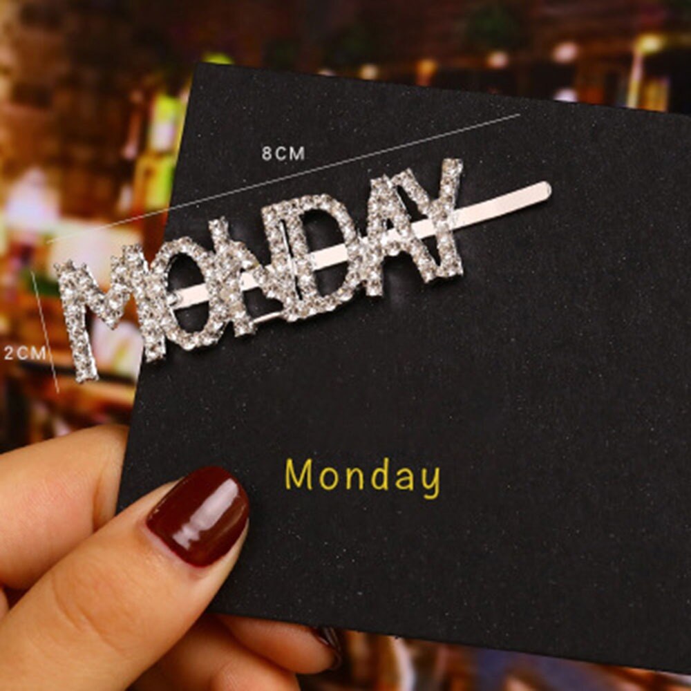 1Pc Woord Clip Parel Haaraccessoires Engels Week Brief Haarspeld Strass Zilveren Diamanten Liu Seaside Clip: 1