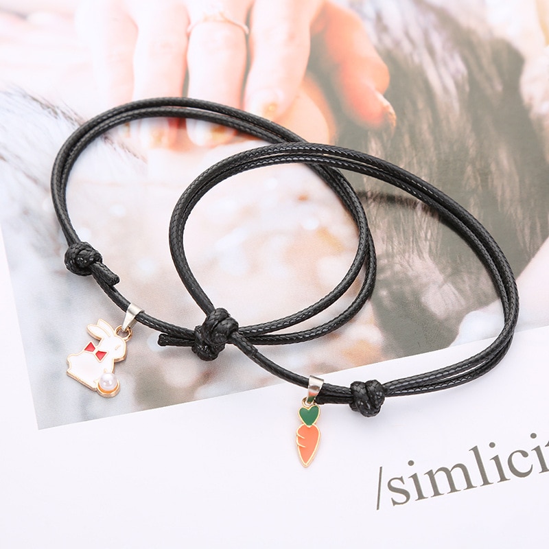 Paar Armband Voor Vrouwen En Mannen Leuke Konijn Wortel Charm Vriendschap Armbanden Unisex Touw Ketting Mode-sieraden: black